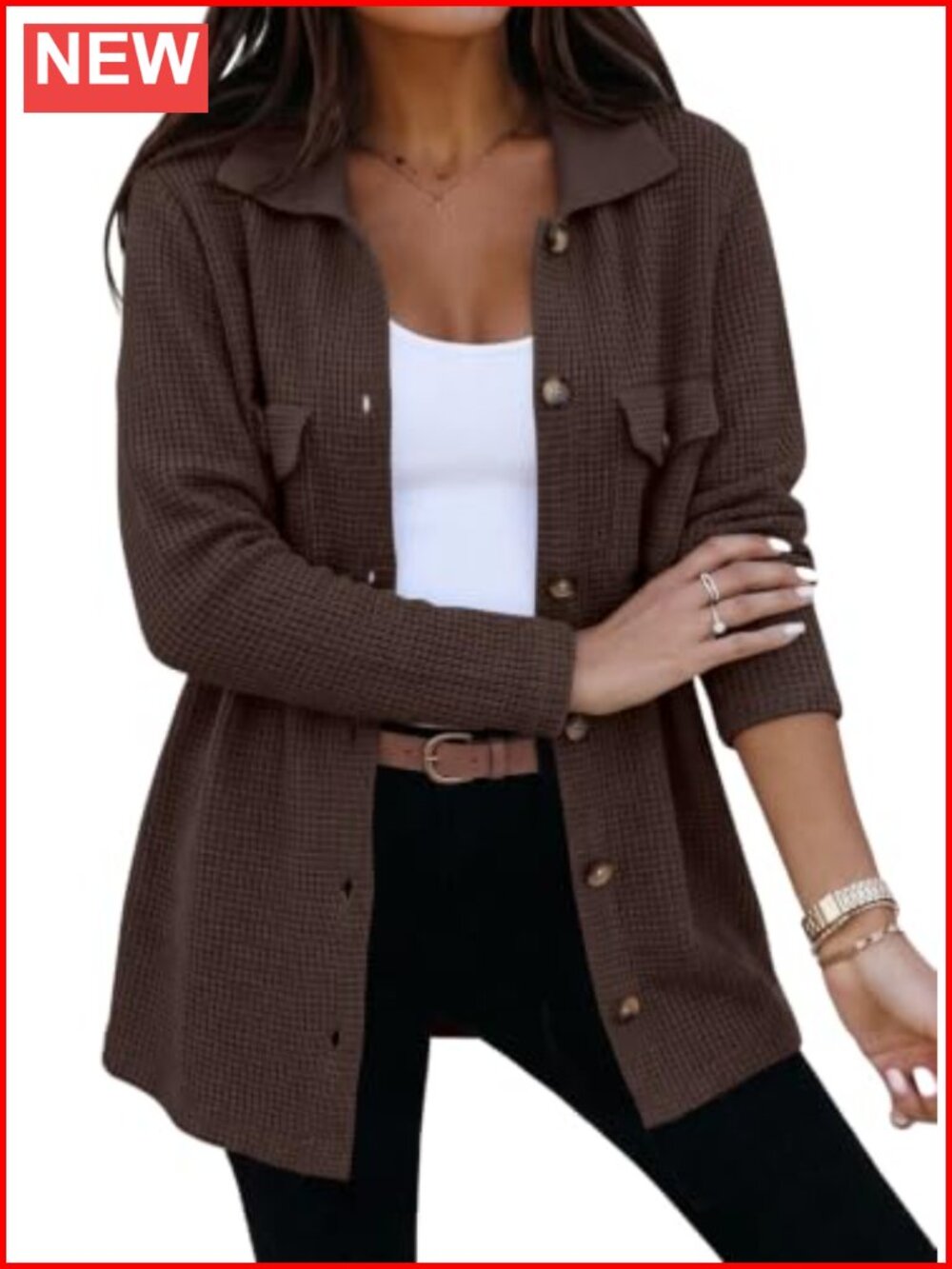 Waffle Chunky Knit Cardigan Shacket Button Down Long Sleeve V-Neck Oversized